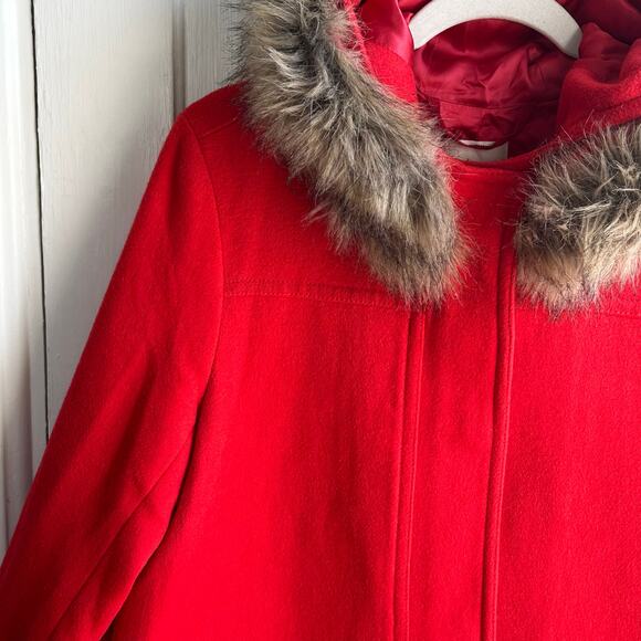 J Crew Vail Parka Coat Electric Red Wool Blend Faux Fur Trim - Picture 4 of 8